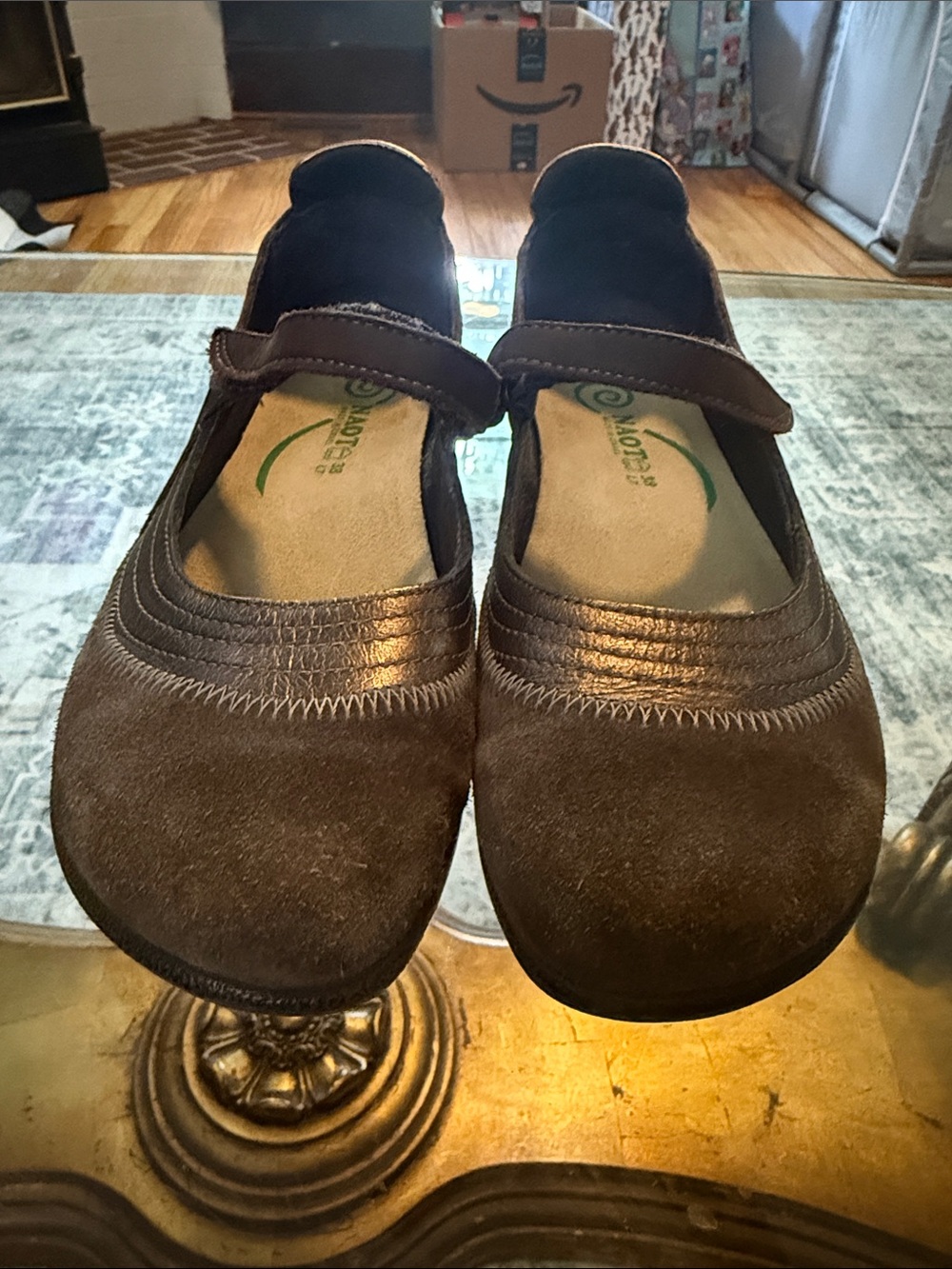 Naot Kirei Brown Suede Bronze Leather Mary Jane Flats with Strap Size 38 L7 - Picture 3 of 8